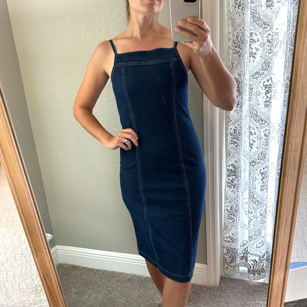 Y2K vintage dark denim strappy midi dress with high neckline with back slit